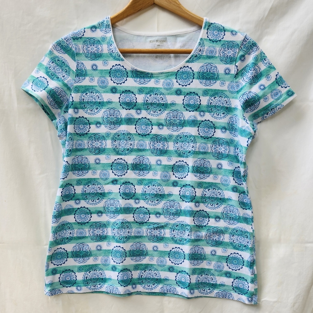 Kim Rogers Petite Blue and White Patterned Women's Top